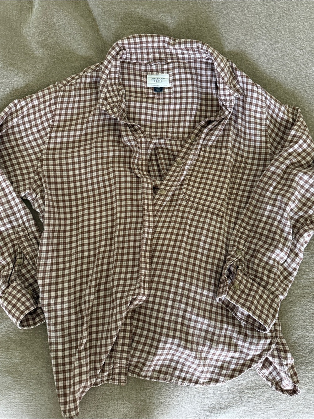 American Eagle Outfitters Brown and White Checked Button-Down Shirt